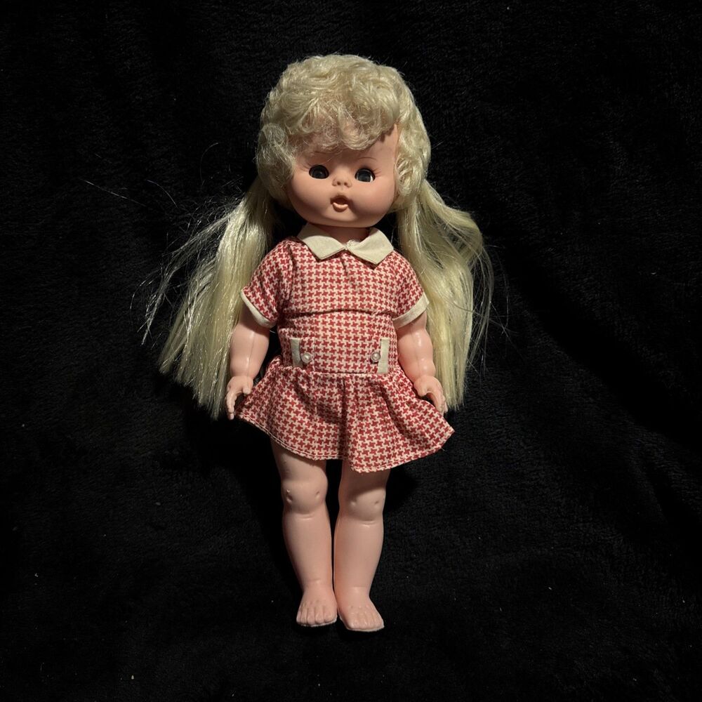 Vintage 1970s Jolly Toys 11" Blonde Doll in Red & White Dress Closes Eyes